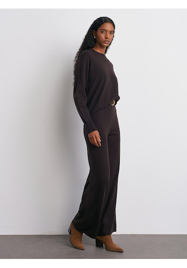 Dilvin 70163 Beli Lastikli Yünlü Triko Pantolon-koyu Kahve Koyu Kahve