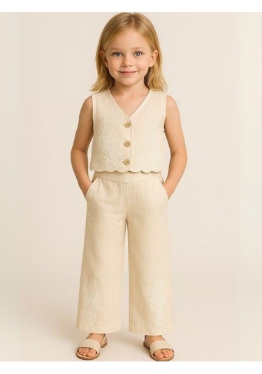 Kız Çocuk Keten Yelek Pantolon Takım-15971 KREM