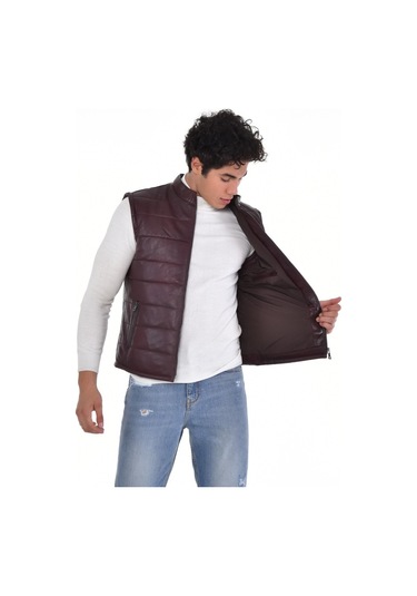 Hakiki Kuzu Derisi 3 Cepli Hakim Yaka Erkek Deri Yelek Kahverengi Kahverengi