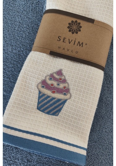 2 Li Mutfak Havlusu %100 Pamuk - Cupcake Nakışlı - 40x60 Cm Indıgo Indigo