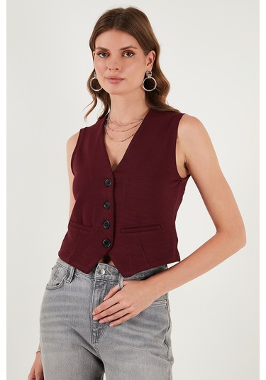 Lela Streç Fitted Fit V Yaka Düğmeli Bayan Yelek 5865971 Bordo