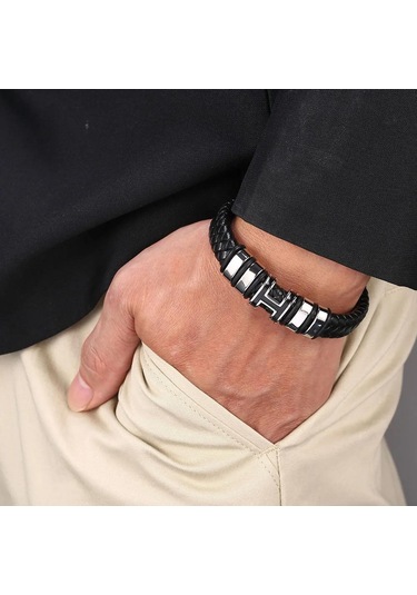 Vintage El Dokuması Çevre Dostu Deri Tokalı Bileklik Erkek Modası Dini Muska Takı Siyah