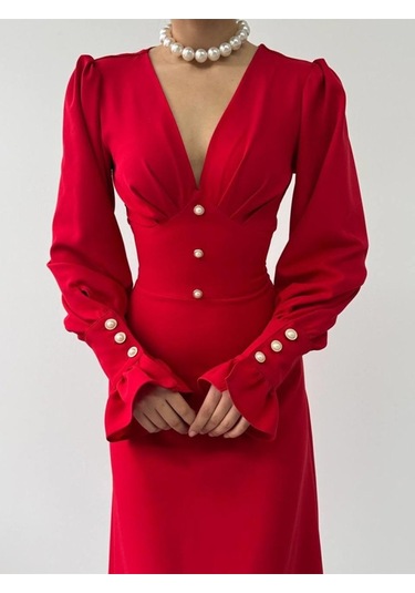 Meta Düğme Detaylı Elbise Altın