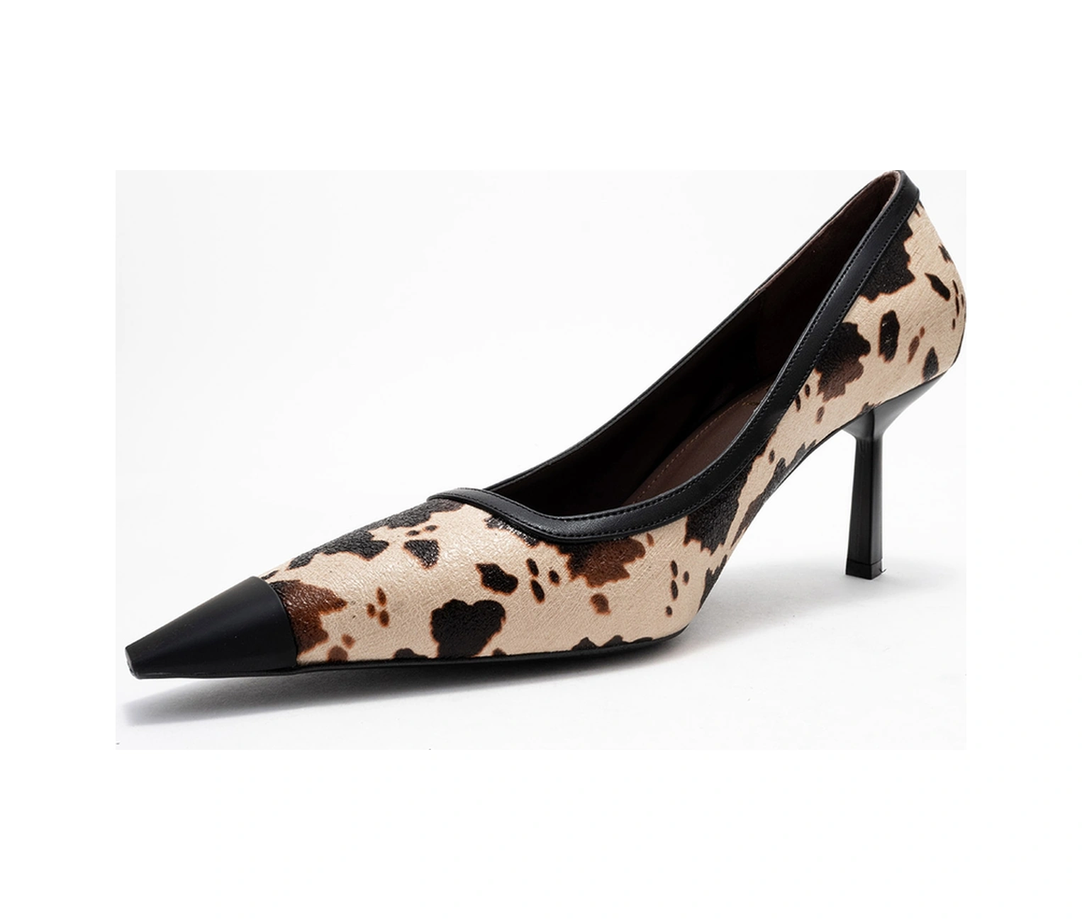 Rona Siyah Bej Desenli Mat Burunlu Kadın Topuklu Ayakkabı Bej