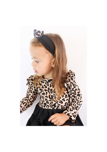 Kız Çocuk Leopar Desenli Uzun Kollu Fırfırlı Elbise Bandana Takım Elb-0059 Siyah