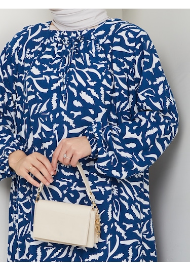 Desenli Önü Büzgülü Viskon Elbise - Mavi / E0131 Mavi