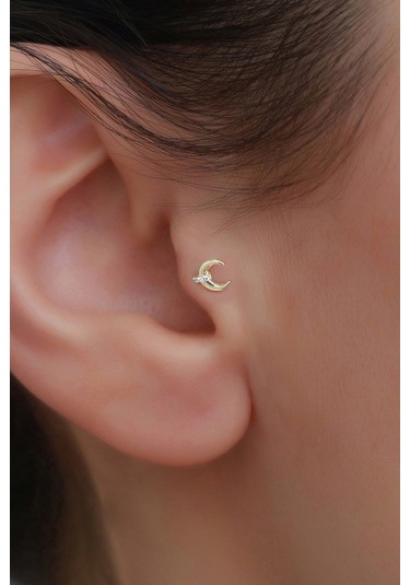 14 Ayar Altın Taşlı Hilal Tragus Piercing Sarı