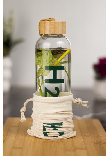 H2o Borosilikat Cam Matara Bambu Vakum Kapaklı Su Şişesi Suluk (Kumaş Kılıf Hediyeli) 600 ML Bambu