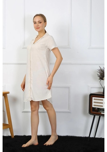 Giyim Kadın Pamuk Keten Kısa Kol Düğmeli Krem Tunik Gecelik Krem