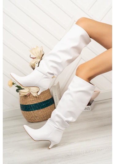 Sr-2001 Beyaz Körüklü İnce Topuklu Günlük Bayan Çizme Resimdeki Renk