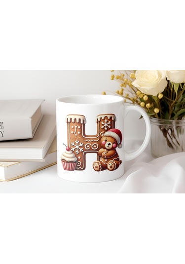 H Kurabiye Harf Ve Ayıcık Detaylı Kupa Bardak - Yeni Yıl / Yılbaşı Temalı Tasarım - Noel Hediye Beyaz