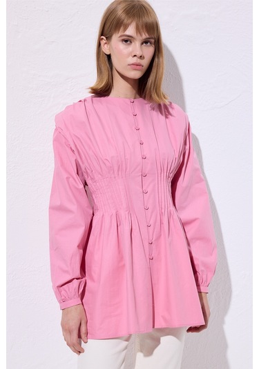 Beli Pile Detaylı Uzun Kol Bluz Pembe Pembe