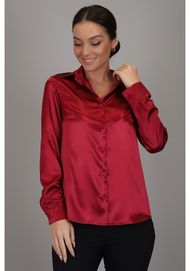 Sweetness Kadın Bordo Saten Uzun Kol Abiye Gömlek Bordo