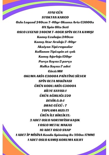 Oslo Legend 240cm 7-40gr Okuma Aria C3000a 8x Spin Olta Seti