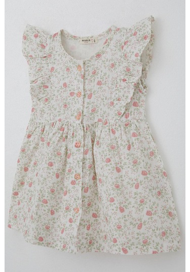 Breeze Kız Çocuk Elbise Çiçek Desenli Önden Düğme Detaylı 2-6 Yaş, Ekru Ekru