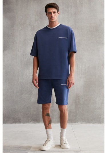 Colombıa  Erkek 2'li Set Comfort Fit Rahat Kalıp Yazı Nakışlı Şardonsuz Lacivert Eşofman Takımı