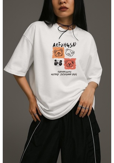 Ayıcık Baskılı Unisex Oversize Tişört BEYAZ