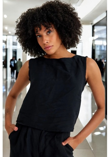 Yazlık Rahat Alt Üst Kolsuz İkili Keten Takım siyah