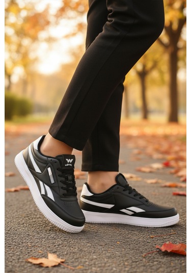 Siyah Beyaz Bağcıklı Hafif Cilt Unisex Spor Ayakkabı Marlow G Siyah - Beyaz