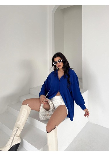 Paw Garage Kadın Flory Ayrobin Oversize Tek Cep Gömlek Saks