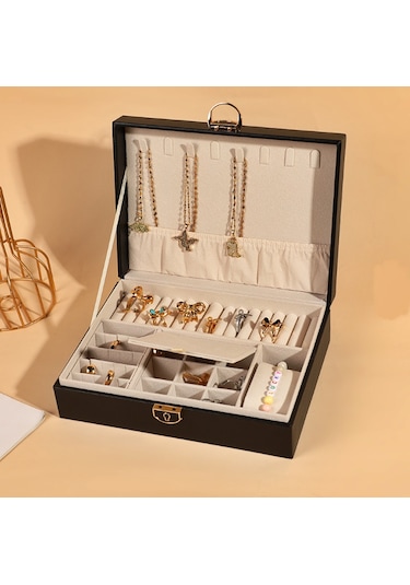 Mdl10- Siyah Takı Kutusu Kilitli Deri Görünümlü Takı Düzenleyici