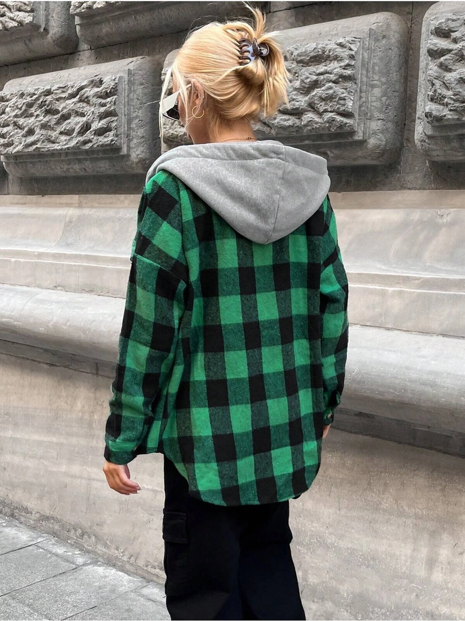 Kadın Desenli Renkli Oduncu Oversize Bol Ve Geniş Kalıp Casual Çift Kapüşonlu Ceket Gömlek Yeşil