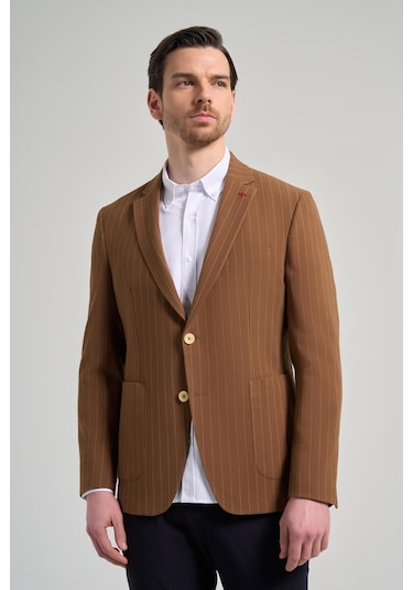 Çizgili Desen Gofreli Mono Yaka Esnek 6 Drop Slim Fit Ceket 1002250122 Taba