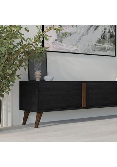 T0018 Çekmeceli, 2 Kapaklı Tv Sehpası Ahşap Siyah Ahşap Siyah