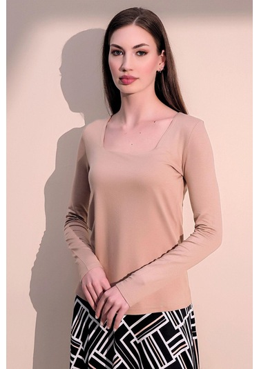 WeShaya Kadın Bej Günlük Stil Basic Kare Yaka Uzun Kol Bluz Bej