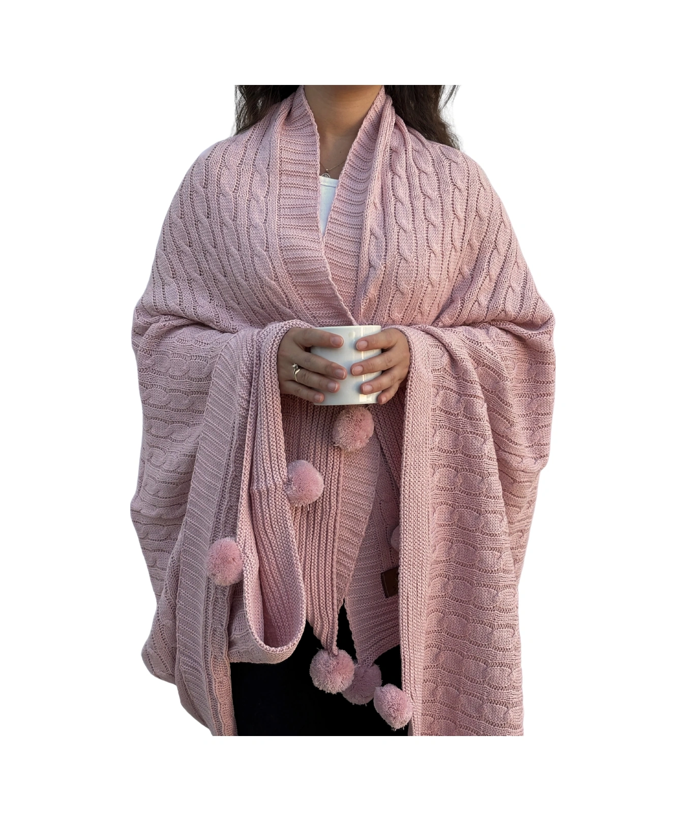 Ponponlu Triko Örme Tv Battaniyesi Örgü Koltuk & Omuz Şalı & Diz Battaniyesi 130x170 Cm-pudra Pudra Pudra