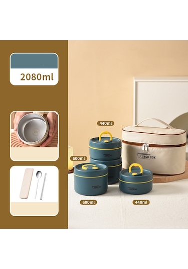 2 Adet Küçük + 2 Adet Büyük + Çatal Bıçak Takımı + Isınma Çantası 304 Paslanmaz Çelik Yalıtımlı Öğle Yemeği Kutusu İşe Gidip Gelmek İçin Öğle Yemeği Kutusu Mavi