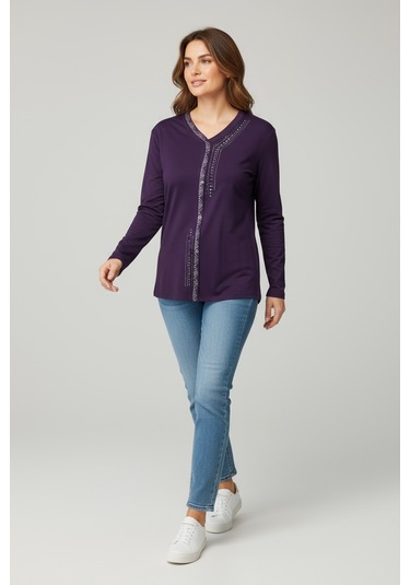 Kadın Önü Kapalı Düğme Detaylı Taşlı Nergis Mevsimlik Bluz Mor