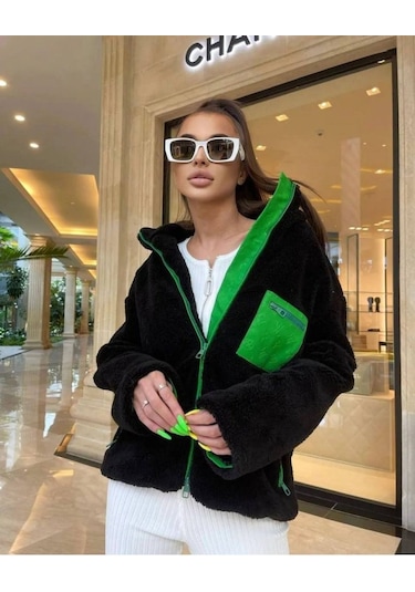 Munn Collection Kadın Uzun Kollu Renkli Cep Ve Fermuar Detay Peluş Mont Siyah