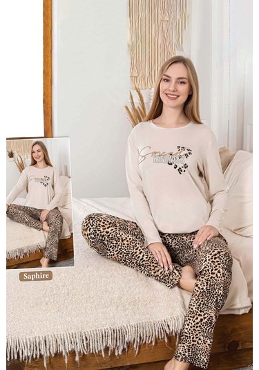 Kadın Leopar Desen Saphire Pijama Takımı 0473 Bej Bej