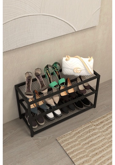 Aju Ayakkabılık Geniş Metal Modern Tasarım 3 Katlı Ayakkabı Rafı Dolabı Açık Vestiyer Siyah