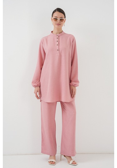 Bigdart 6678 Keten Tunik Pantolon İkili Takım - Pembe