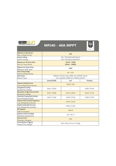 Mexxsun 40 Ah Amper MPPT Şarj Kontrol Cihazı MPJ40 12/24 Volt