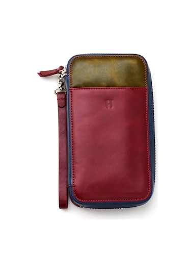 Carlye Uniseks Bordo Haki Deri Ön Cepli Bileklikli Fermuarlı Rfid Korumalı Çanta Haki