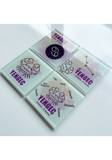 Cam Bardak Altlığı Burçlar - Yengeç Burcu 4'lü Takım Beyaz