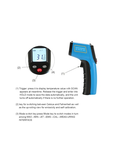 Vkemall Endüstriyel Enfrared Sıcaklık Ölçer -50 C/+400 C - Dijital Lcd Ekranlı, Aaa Pil İçeren El Tipi Termometre