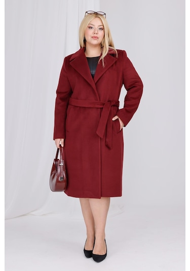 Kadın Bordo Yün Kaşe Kemer Ve Astar Detay Büyük Beden Kaban Bordo