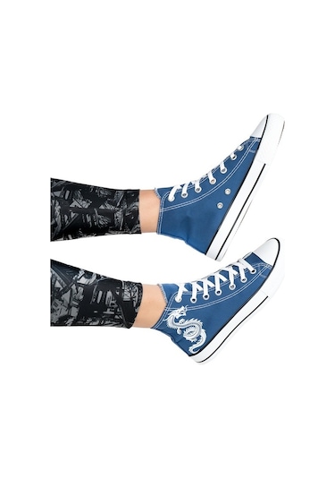 Kadın Baskılı Bilekli Keten Spor Ayakkabı Kot Mavisi Mavi