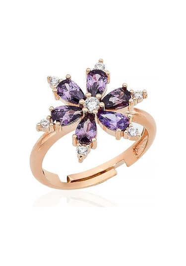 Gümüş Pazarım Ametist Taşlı Aster Çiçeği Gümüş Yüzük