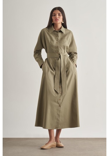 Mizalle Modal Karışımlı Kuşaklı Haki Uzun Gömlek Elbise Haki