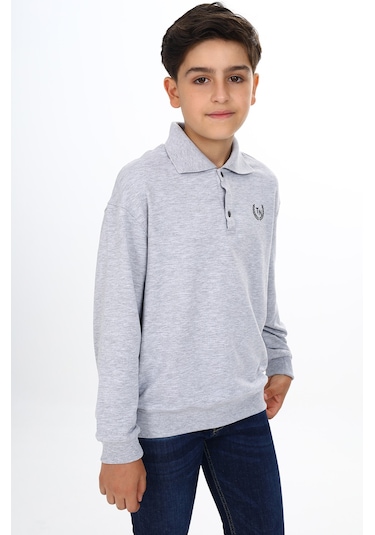 Toontoy Erkek Çocuk Polo Yaka Tnty Baskılı Sweatshirt Gri Melanj