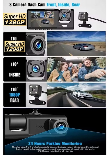 Araç İçi Wi-fi Güvenli Sürüş Kamerası Ön İç Arka 3 Kameralı G-sensör Mobil Uygulama İle Kolay İzleme