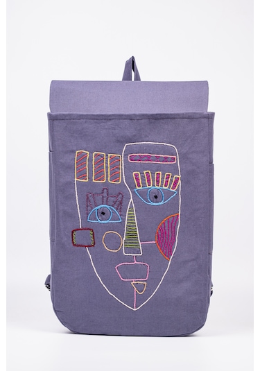 Fabric Craft Bag Sırt Çantası Pamuklu Nakışlı Figür Desen Mor