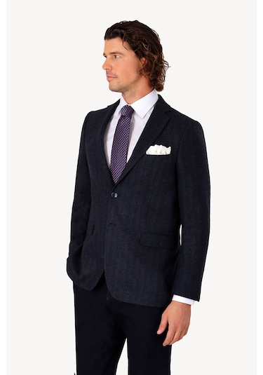 Erkek Lacivert Kışlık Yünlü Regular Fit Desenli Tek Ceket Lacivert