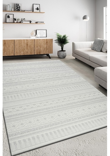 Modern Geometrik Tasarımlı Jüt Dokuma Loop Sisal Gri Renk Halı Gri