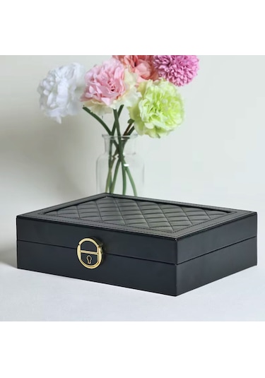 Mdl10- Siyah Takı Kutusu Kilitli Deri Görünümlü Takı Düzenleyici